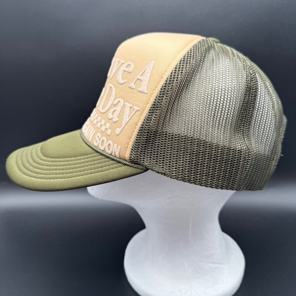 Vintage Trucker Hat Cap Mesh Snapback Rope Cord Green Tan Puffy Letters Rose - Picture 3 of 9